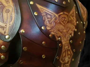 Vendel leather armour showing front craving and some Shoulder details
